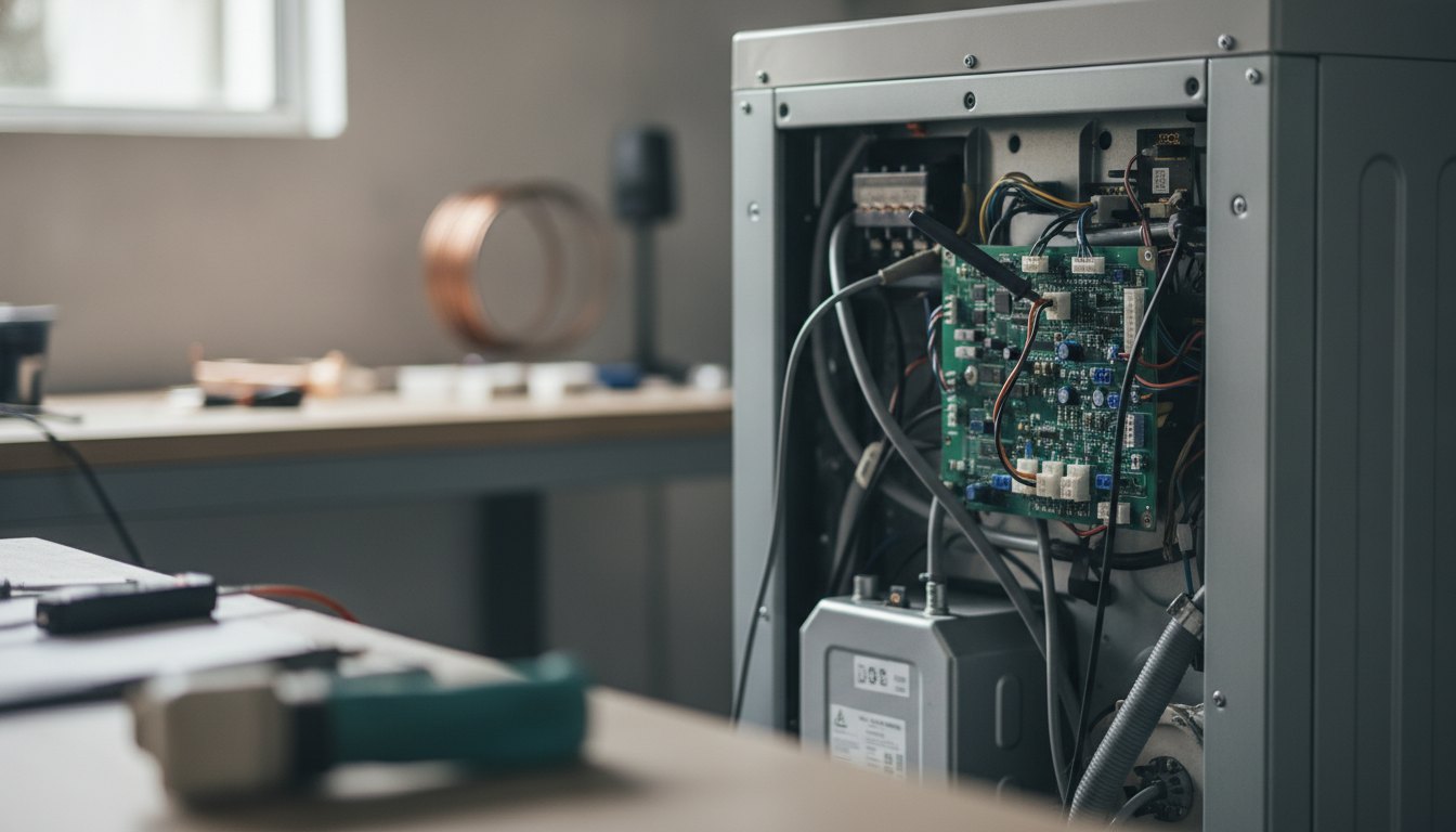 Técnico de manutenção inspecionando o painel traseiro de uma máquina de lavar roupas aberta.