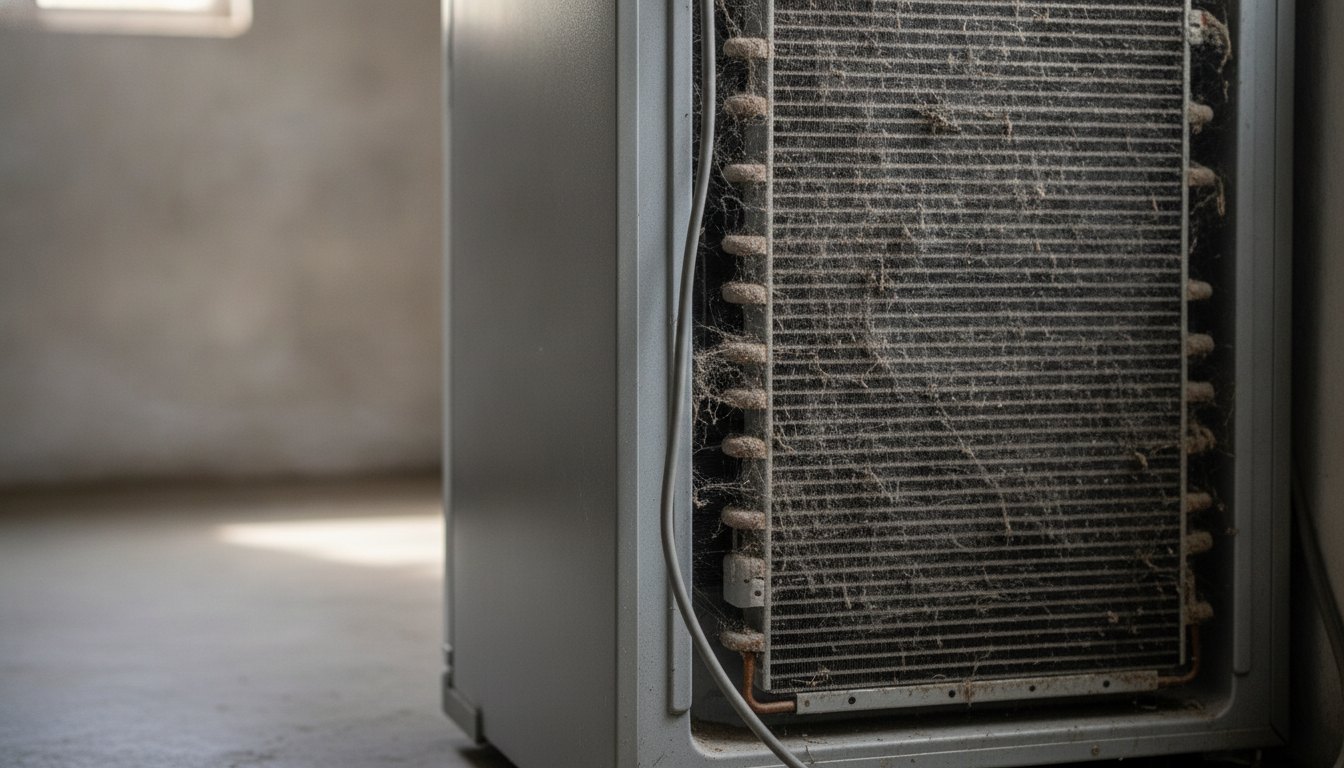 Grade traseira de uma geladeira com excesso de poeira nas aletas metálicas.
