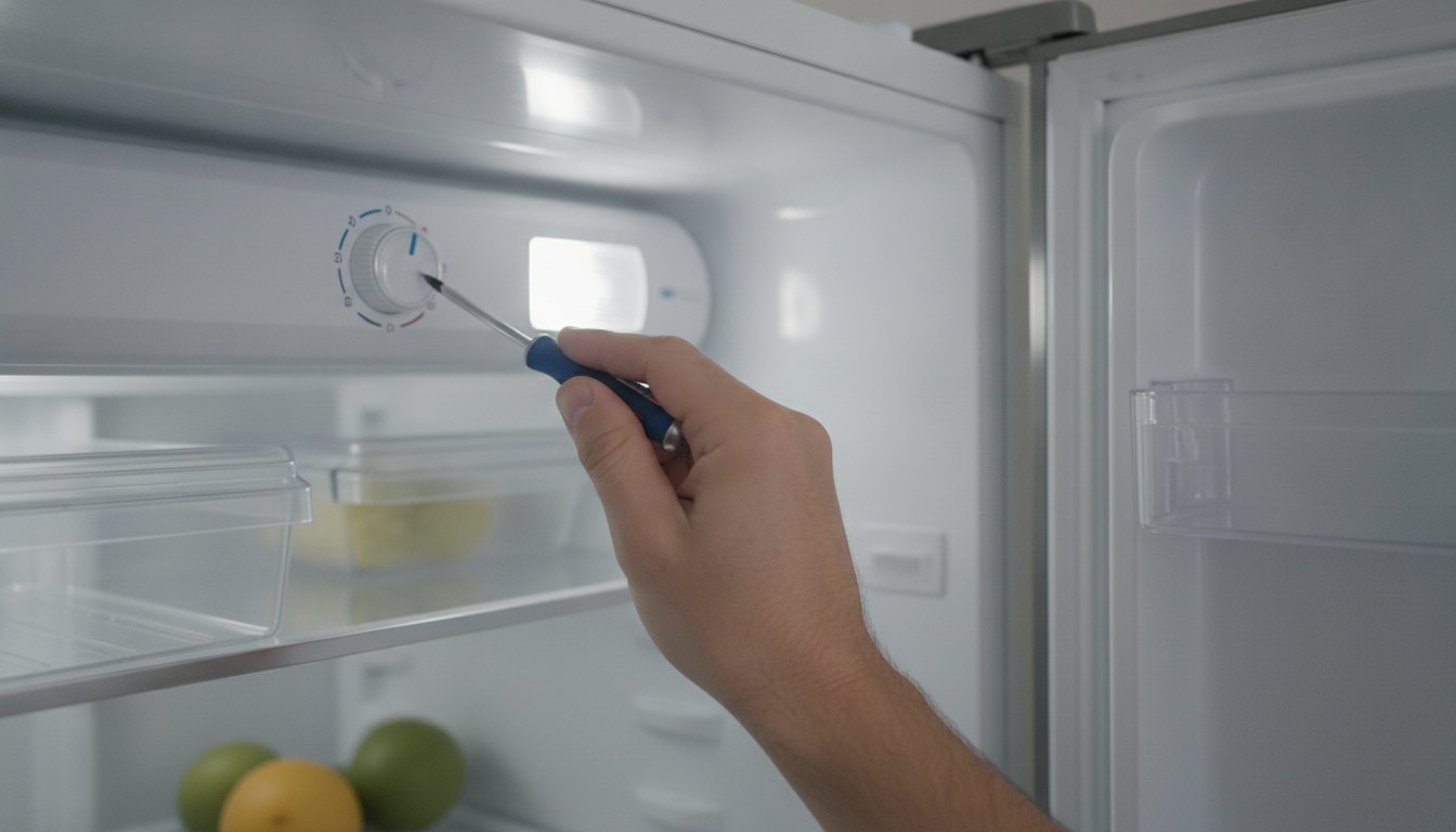 Mão segurando uma chave de fenda próxima ao botão de controle de temperatura interno da geladeira.