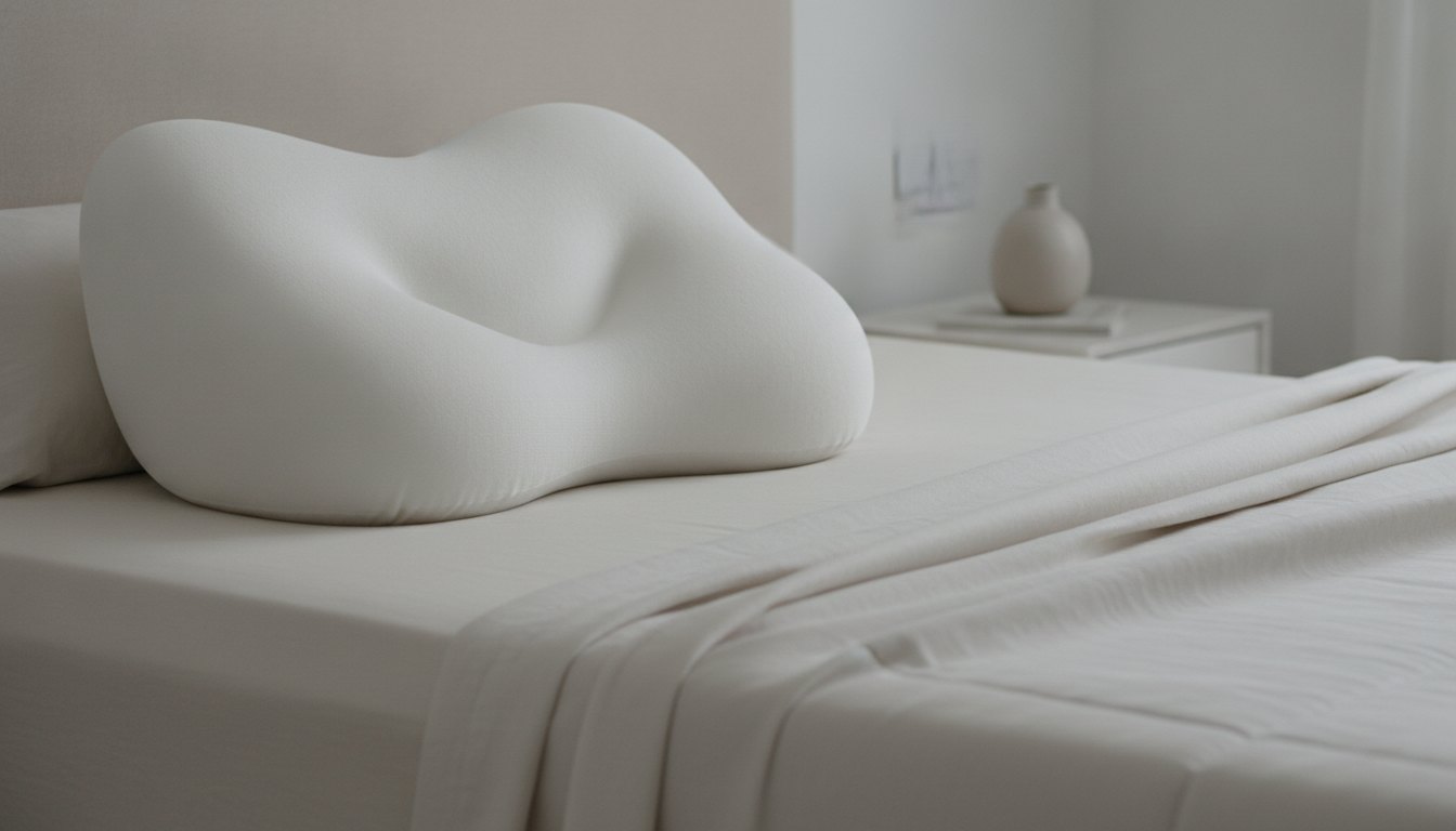 Travesseiro branco com ondulações anatômicas sobre uma cama arrumada com lençóis claros.