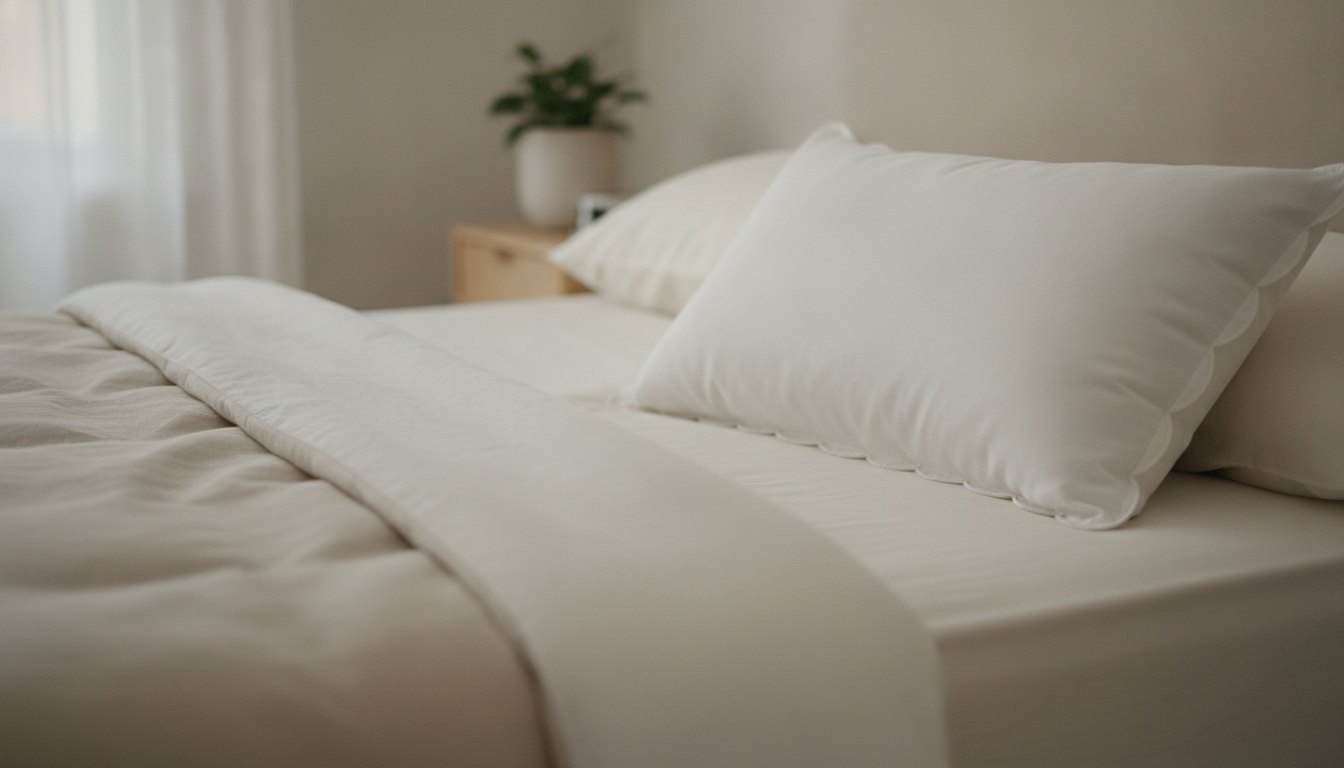 Travesseiro branco com contorno ondulado sobre uma cama arrumada com lençóis claros e iluminação suave.