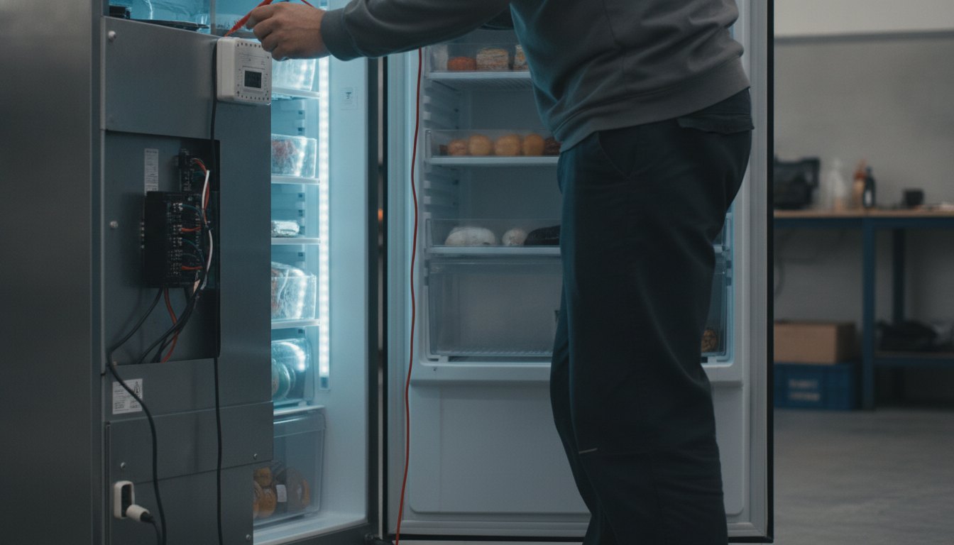 Técnico utilizando multímetro para testar o termostato na parte traseira de um refrigerador aberto.