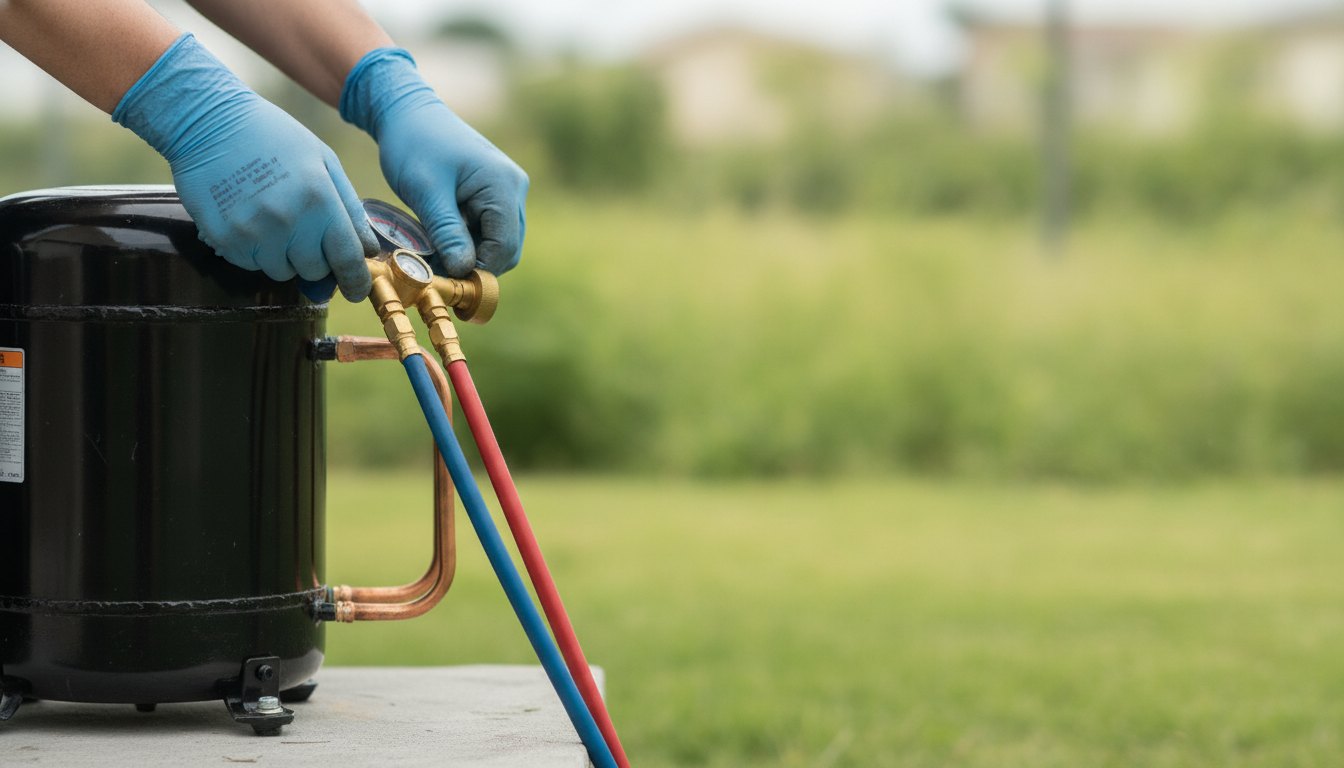 Técnico com luvas conectando mangueiras de manômetro na válvula de um compressor de refrigeração residencial.